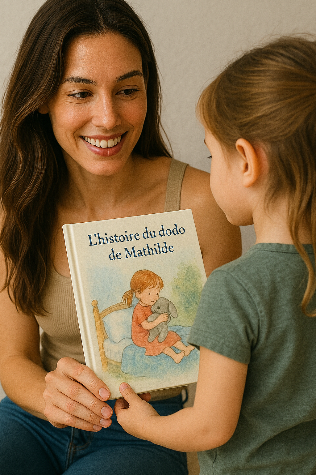 Maman et enfant avec un livre personnalisé